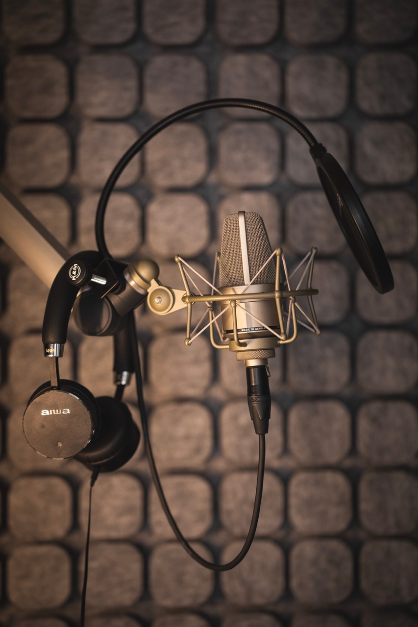 Microphone, pop filter and headphones